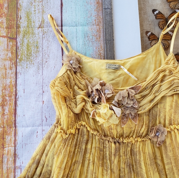 Max Studio Mustard Silk Floral Ruffle Tiered Dress - Picture 3 of 7